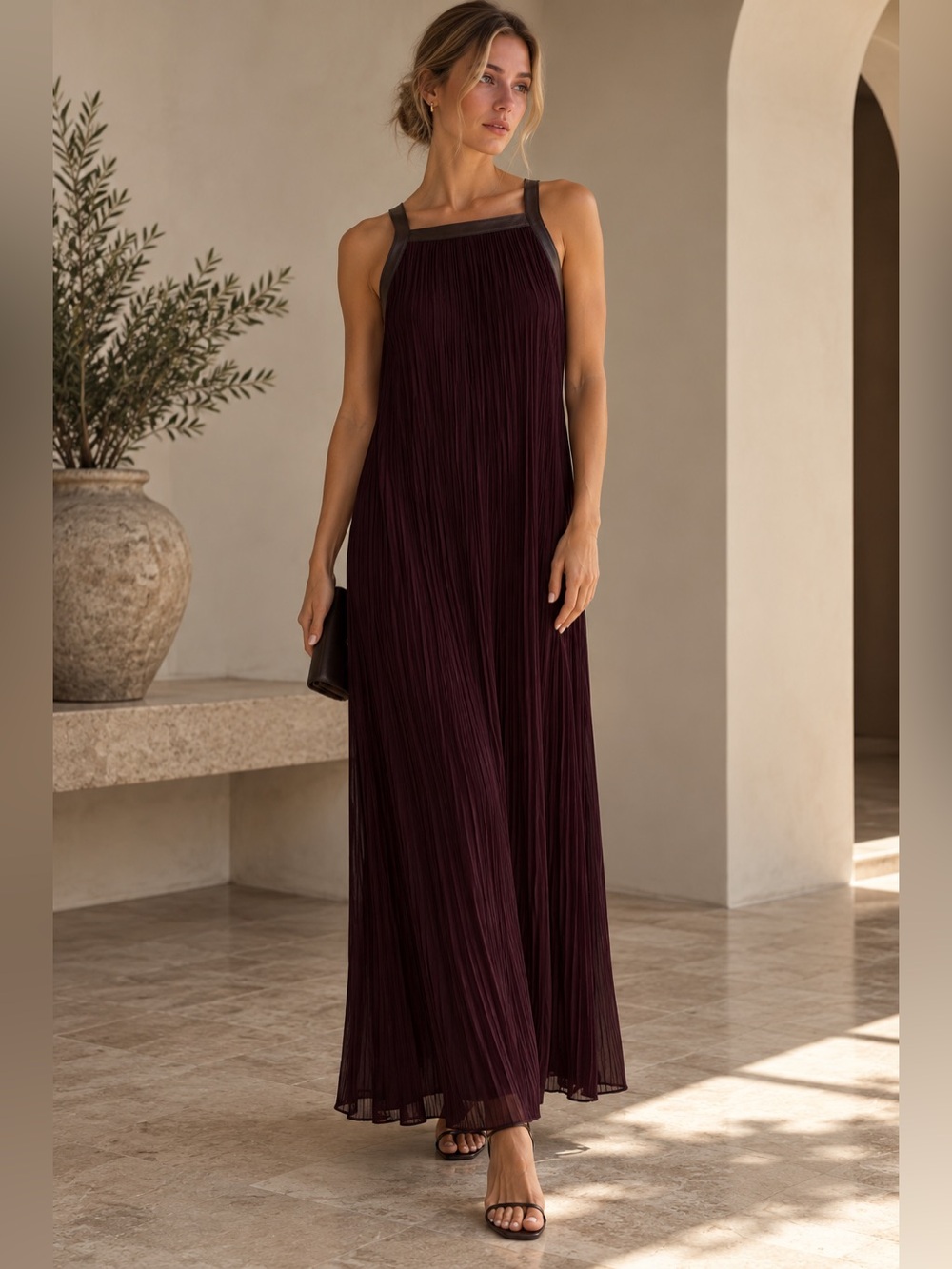 10 Crosby Derek Lam Plum Pleated Halter Maxi Dress